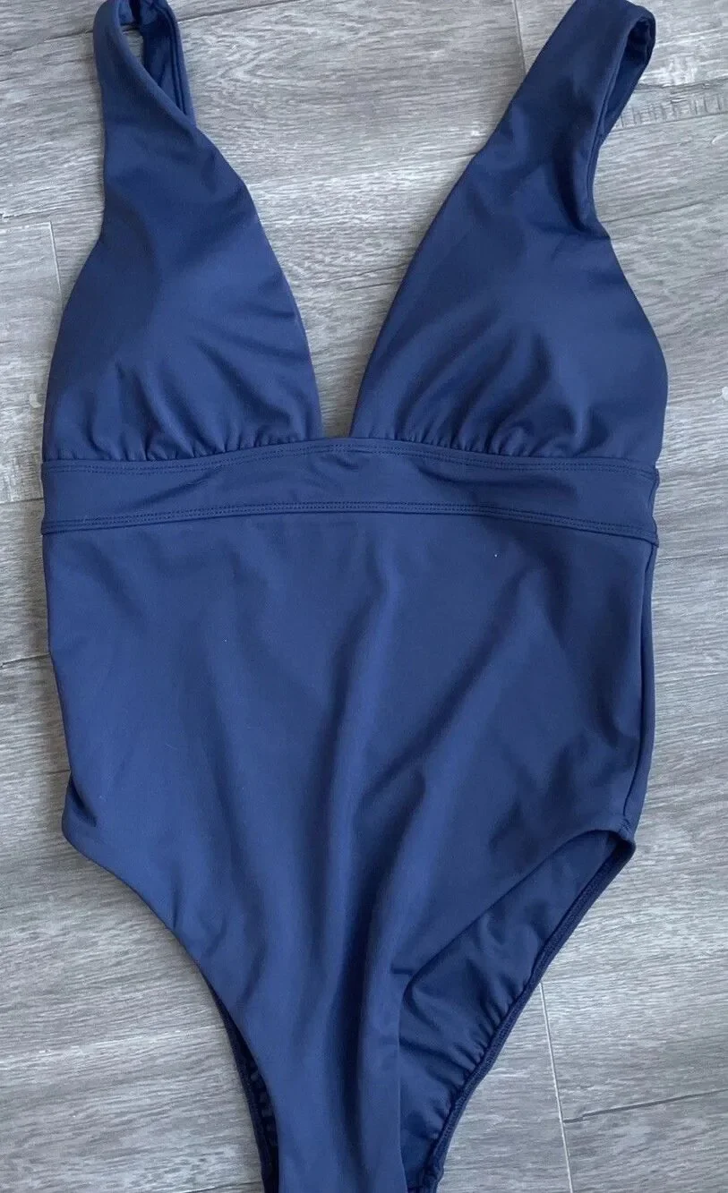 NWOT Lauren Ralph Lauren Core Modern Plunge V-Neck  One Piece Swimsuit 14 Navy